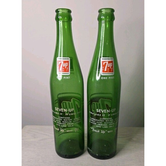TWO- 7Up Seven Up You Like It It Likes You Pint‎ Bottle 16oz, 67/68 Era - Picture 2 of 2
